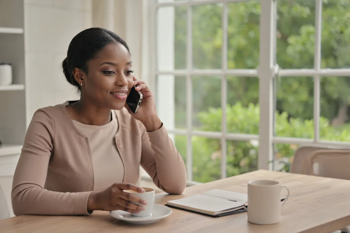 Woman at home in Ireland on a free doctor assessment phone call about weight-loss treatment