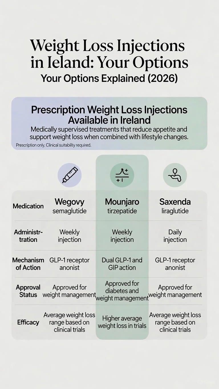 Weight loss injections options Ireland - Wegovy, Mounjaro and Saxenda comparison